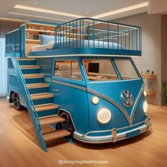 a blue vw bus with stairs going up to the top and bottom bunk bed