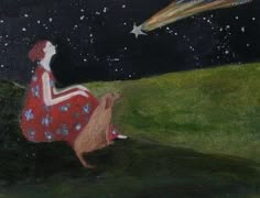 a painting of a woman looking up at the stars