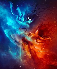 an image of two women in space with the moon above them and stars behind them