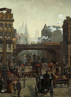 a painting of people and horse drawn carriages on a city street with buildings in the background