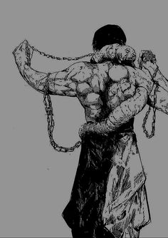 a drawing of a man with chains on his back