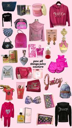 #juicy #couture #juicycouture #pink #cute #perfume #clothes #purse Juicy Couture Core, Juicy Couture Fashion Inspiration, Juicy Couture Creator, Brands Like Juicy Couture, How To Make A Juicy Couture Bag, Juicy Couture Collage, Juicy Couture Pink Collage, Juicy Couture Aesthetic, Juicy Couture Type Fragrance