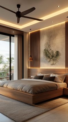 a large bed sitting in a bedroom next to a tall glass window with lots of light on it