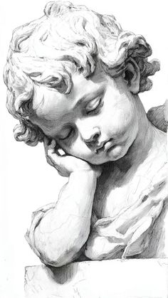 a black and white drawing of a woman's head with her hands on her chin