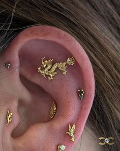 a woman wearing gold ear piercings with dragon designs on her ears and behind the ear