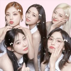 the girls are posing together in front of a pink background with stars on their heads