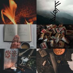a collage of photos with books and symbols