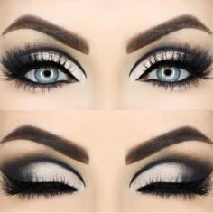 Black And White Eye Makeup, Black Smokey Eye For Blue Eyes, Black Smokey Eye Makeup Blue Eyes, Black And White Eyeshadow Looks, Black And White Wedding Makeup, Black And White Eyeshadow, Black And White Smokey Eye, White And Black Smokey Eye, Black And White Smokey Eye Makeup