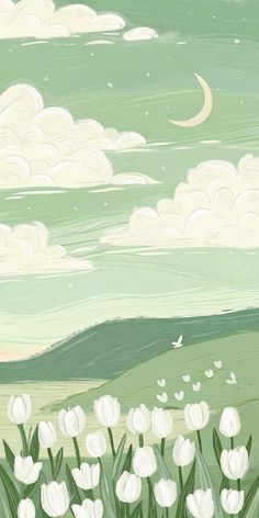 a painting of white tulips in a green field under a full moon sky