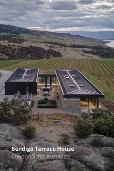 an aerial view of a house on top of a hill with the words bendigo terrace house
