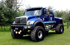 a large blue truck parked on top of a lush green field with trees in the background