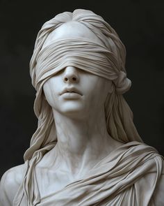 a white statue with a blindfolded face and hair on it's head