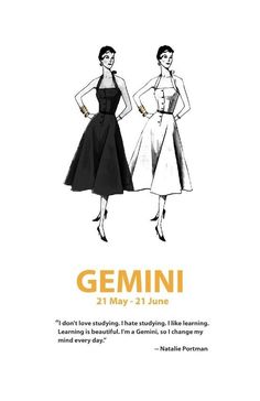 two women in dresses are standing next to each other, with the words gemin on it