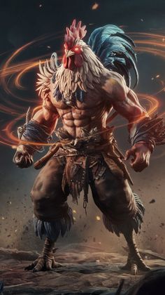 Witness the raw, untamed power of a muscular, anthropomorphic rooster, radiating intense heat and a fiery spirit. Its piercing red, glowing eyes and vibrant red comb contrast with its white feathers and powerful, tribal-adorned body. Swirling orange energy encircles its forearms, suggesting a primal force unleashed. Pin this to ignite your imagination with the formidable strength of this unique fantasy beast! Perfect for fans of creature design, fantasy art, and powerful, elemental heroes.   #InfernoBrawler #FieryRooster #ElementalWarrior #MuscleRooster #UnleashedPower #ArtInspiration #Viral #Trending #MustSee #FYP #ExplorePage #Aesthetic #Wallpaper Anthropomorphic Rooster, Rooster Art, Fantasy Beasts, Creature Design, Vibrant Red, Rooster, Swirl, Fantasy Art, Art Inspiration