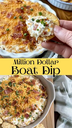 a hand holding a piece of bread with bacon and cheese on it next to a bowl of potato chips