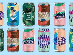 six cans of various types of sodas on a blue and pink background, each with different designs