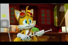 a cartoon cat holding a tennis racquet on top of a table