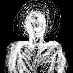 a black and white drawing of a woman with her hands in her pockets