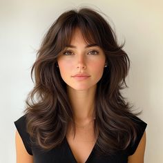 Bouncy 90s Haircut, Blowout 90s Hair, 90s Blowout Hair Bangs, 90s Blowout Hair Volume, 90’s Blowout Hairstyle, Medium Hair Blowout With Bangs, 90s Hairstyles Blowout Brunette, 90s Model Blowout, 90s Blowout Hair