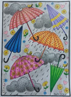 an image of three umbrellas in the rain with flowers and hearts on it's side