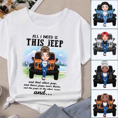 Our JP T Shirt - Custom Personalised - All I Want Is This JP And That Other JP T Shirt are custom-made- to-order and handcrafted to the highest quality standards. Here are the reasons why you should buy our products: Made from polyester fabric. DETAIL - High resolution graphic artwork is printed on the entire shirt. MATERIAL - 100% Polyester all-over-print. Soft and comfortable. HANDMADE - Graphics are pressed to individual panels and sewn together. VIBRANT DESIGNS -Variety of fun, vibrant de... Custom Jeep Shirt Inspiration, Jeep Time T-shirt Design, Jeep T-shirt Design Ideas, Jeep Graphic T-shirt Design, Jeep Lover T-shirt Design, Jeep Shirts For Ladies, Jeep Themed T-shirt, Jeep Tshirts, Jeep T Shirts Women
