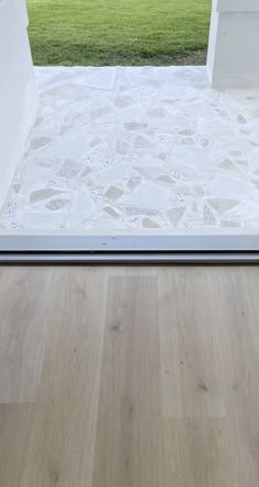 an open door leading to a grassy area with trees in the background and grass on the other side