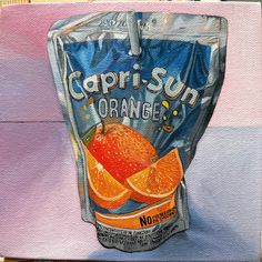 a painting of an orange juice bag with the word capri - sun on it