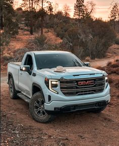 a white gmc truck parked on a dirt road in the woods at sunset or dawn