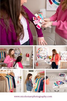 a collage of photos showing two women in the same room