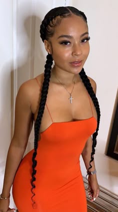 Two Long Cornrows, Two Goddess Braids For Black Women, Two Long Cornrows Braids, Two Cornrow Braids With Curly Ends, Black Two Braids Hairstyle, Braid Pigtails Black Women, Two Goddess Braids With Curls, Two Goddess Braids, Four Goddess Braids