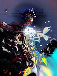 an abstract painting of a man with white hair and blue eyes holding a bird in his hand