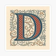 the letter d in an ornamental style sticker on a white background with red and blue accents