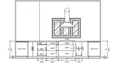 a drawing of a kitchen with cabinets and cupboards in the center, as well as an oven