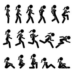 the silhouettes of people running and jogging in different positions, all black on white