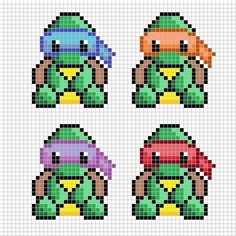 four pixellated images of teenage mutant heads in different colors and sizes, each with an individual's face