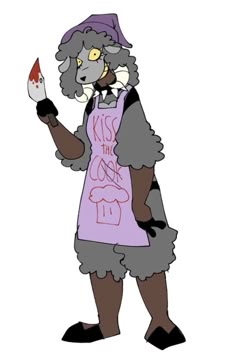 a cartoon character with an apron and hat holding a knife in one hand while standing on the other