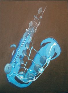 a painting of a blue saxophone on a brown background