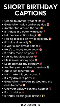 a black birthday card with the words short birthday captions in white and red on it