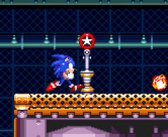 sonic the hedgehog running over a bridge in an old school computer video game,