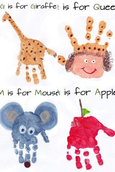 four handprints with different animals and words written on them, one is for giraffe, the other is for queen