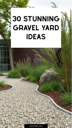 Curved gravel path surrounded by lush greenery and a large rock in a modern garden.