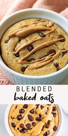 two pictures with the same baked dessert in them and one has chocolate chips on top