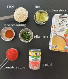 ingredients to make mexican chicken stock laid out on a table with the names in spanish