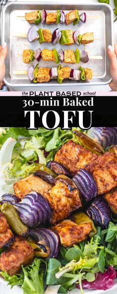 the plant based bbq mini baked tofu is ready to be served on skewers