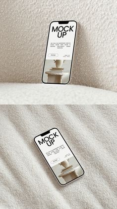two mockup signs are placed on the back of a bed with white sheets and pillows