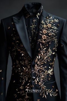 #midjourneydress Fantasy Prom Suit, Masquerade Suits For Men, Ball Suits For Men, Black And Gold Wedding Suit, Fancy Royal Outfits Male, Enchanted Suit For Men, Fairytale Suits For Men, Enchanted Forest Theme Outfit Men, Fairytale Suit Men