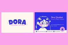 two business cards with cartoon characters on them, one is blue and the other is pink