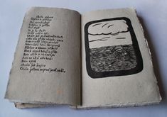 an open book with black and white drawings on it
