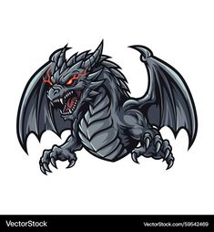 a black dragon mascot with red eyes on it's head and claws, ready to strike