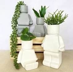 two white ceramic vases with plants in them on a table next to a mirror